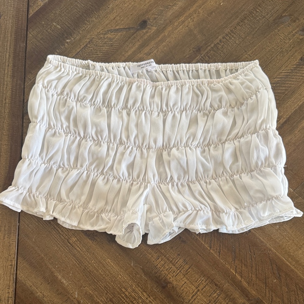 Peppermayo White Smocked Ruffle Shorts
